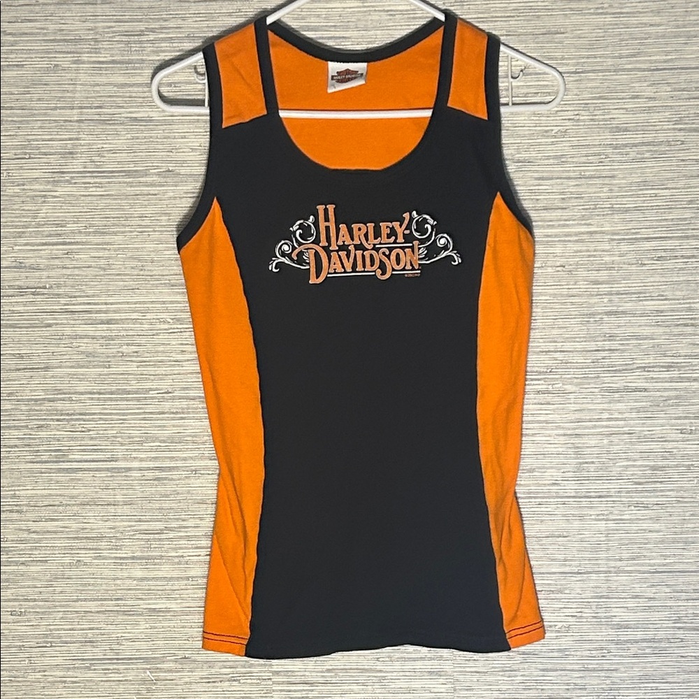 Harley-Davidson Black & Orange Sleeveless Tank, Space Coast FL, M (177)